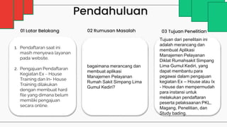 Pendahuluan
01 Latar Belakang 02 Rumusan Masalah 03 Tujuan Penelitian
1. Pendaftaran saat ini
masih menyewa layanan
pada website.
2. Pengajuan Pendaftaran
Kegiatan Ex – House
Training dan In- House
Training dilakukan
dengan membuat hard
file yang dimana belum
memiliki pengajuan
secara online.
bagaimana merancang dan
membuat aplikasi
Manajemen Pelayanan
Rumah Sakit Simpang Lima
Gumul Kediri?
Tujuan dari penelitain ini
adalah merancang dan
membuat Aplikasi
Manajemen Pelayanan
Diklat Rumahsakit Simpang
Lima Gumul Kediri, yang
dapat membantu para
pegawai dalam pengajuan
kegiatan Ex – House atau Ix
- House dan mempermudah
para instansi untuk
melakukan pendaftaran
peserta pelaksaanan PKL,
Magang, Penelitian, dan
Study bading.
 