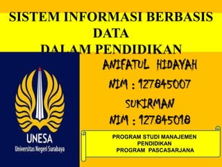 SISTEM INFORMASI BERBASIS
           DATA
    DALAM PENDIDIKAN
            ANIFATUL HIDAYAH
             NIM : 127845007
                SUKIRMAN
             NIM : 127845018
              PROGRAM STUDI MANAJEMEN
                    PENDIDIKAN
               PROGRAM PASCASARJANA
 