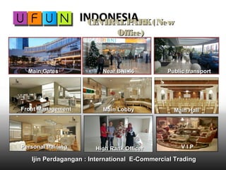 INDONESIAINDONESIA
Ijin Perdagangan : International E-Commercial TradingIjin Perdagangan : International E-Commercial Trading
CENTRALPARK(NewCENTRALPARK(New
Office)Office)
Main GatesMain Gates Near BNI 46Near BNI 46 Public transportPublic transport
Front ManagementFront Management Main LobbyMain Lobby Main HallMain Hall
Personal trainingPersonal training High Rank OfficerHigh Rank Officer V I PV I P
 