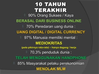 10 TAHUN10 TAHUN
TERAKHIRTERAKHIR
 90% Orang Sukses / Kaya90% Orang Sukses / Kaya
BERASAL DARI BUSINESS ONLINEBERASAL DARI BUSINESS ONLINE
 70% Peredaran uang dunia :70% Peredaran uang dunia :
UANG DIGITAL / DIGITAL CURRENCYUANG DIGITAL / DIGITAL CURRENCY
 97% Manusia memiliki mental :97% Manusia memiliki mental :
MEDIOKRITASMEDIOKRITAS
(pola pikirnya rata-rata) – hanya dagang / kerja(pola pikirnya rata-rata) – hanya dagang / kerja
 70,3% penduduk dunia :70,3% penduduk dunia :
TELAH MENGGUNAKAN HANDPHONETELAH MENGGUNAKAN HANDPHONE
 85% Masyarakat pelaku perekonomian85% Masyarakat pelaku perekonomian
MENOLAK MLMMENOLAK MLM
 