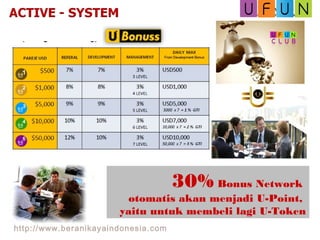 30% Bonus Network
otomatis akan menjadi U-Point,
yaitu untuk membeli lagi U-Token
http://www.beranikayaindonesia.com
 