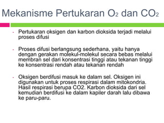 Mekanisme Pertukaran O2 dan CO2
• Pertukaran oksigen dan karbon dioksida terjadi melalui
proses difusi
• Proses difusi berlangsung sederhana, yaitu hanya
dengan gerakan molekul-molekul secara bebas melalui
membran sel dari konsentrasi tinggi atau tekanan tinggi
ke konsentrasi rendah atau tekanan rendah
• Oksigen berdifusi masuk ke dalam sel. Oksigen ini
digunakan untuk proses respirasi dalam mitokondria.
Hasil respirasi berupa CO2. Karbon dioksida dari sel
kemudian berdifusi ke dalam kapiler darah lalu dibawa
ke paru-paru.
 