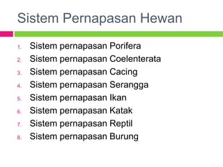 Sistem Pernapasan Hewan
1. Sistem pernapasan Porifera
2. Sistem pernapasan Coelenterata
3. Sistem pernapasan Cacing
4. Sistem pernapasan Serangga
5. Sistem pernapasan Ikan
6. Sistem pernapasan Katak
7. Sistem pernapasan Reptil
8. Sistem pernapasan Burung
 
