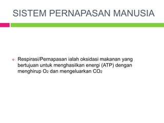 SISTEM PERNAPASAN MANUSIA
 Respirasi/Pernapasan ialah oksidasi makanan yang
bertujuan untuk menghasilkan energi (ATP) dengan
menghirup O2 dan mengeluarkan CO2
 