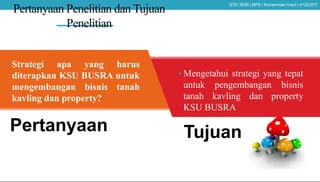 Pertanyaan Penelitian dan Tujuan
Penelitian
• Strategi apa yang harus
diterapkan KSU BUSRA untuk
mengembangan bisnis tanah
kavling dan property?
• Mengetahui strategi yang tepat
untuk pengembangan bisnis
tanah kavling dan property
KSU BUSRA
Pertanyaan Tujuan
STEI SEBI | MPS | Muhammad Yusuf | 41202077
 