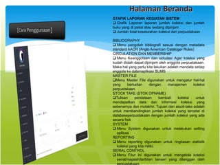 Halaman Beranda
GTAFIK LAPORAN KEGIATAN SISTEM
 Grafik Laporan laporan jumlah koleksi dan jumlah
buku yang di pakai atau sedang dipinjam
 Jumlah total keselurahan koleksi dari perpustakaan.
BIBLIOGRAPHY
 Menu pengolah bibliografi sesuai dengan metadata
standard AACR (Anglo American Cataloger Rules)
CIRCULATION DAN MEMBERSHIP
 Menu Keanggotaan dan sirkulasi Agar koleksi yang
sudah diolah dapat dipinjam oleh anggota perpustakaan.
Maka hal yang perlu kita lakukan adalah mendata setiap
anggota ke dalamaplikasi SLiMS
MASTER FILE
Menu Master File digunakan untuk mengatur hal-hal
yang berkaitan dengan manajemen koleksi
perpustakaan.
STOCK TAKE (STOK OPNAME)
Tulisan pendataan kembali koleksi untuk
mendapatkan data dan informasi koleksi yang
sebenarnya dan mutakhir. Tujuan dari stock-take adalah
untuk membandingkan jumlah koleksi yang tercatat di
databaseperpustakaan dengan jumlah koleksi yang ada
secara fisik
SYSTEM
 Menu System digunakan untuk melakukan setting
aplikasi
REPORTING
 Menu reporting digunakan untuk ringkasan statistik
koleksi yang kita miliki.
SERIAL CONTROL
 Menu Fitur ini digunakan untuk mengelola koleksi
serial/majalah/terbitan berseri yang dilanggan oleh
perpustakaan.
 
