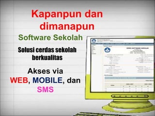 Software Sekolah
Solusi cerdas sekolah
berkualitas
Akses via
WEB, MOBILE, dan
SMS
Kapanpun dan
dimanapun
 