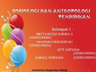 Kelompok 1 :
MEITA RIZQI KURNIA S
(120401140002)
HASANAH NIDDINIYAH
(120401140012)
SITI SOFIANA
(120401140042)
SAMSUL NURHUDA (120401140043)
Universitas Kanjuruhan Malang18/05/2013
1
 