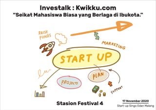 Investalk : Kwikku.com
“Seikat Mahasiswa Biasa yang Berlaga di Ibukota.”
Stasion Festival 4
17 November 2020
Start-up Singo Edan Malang
 