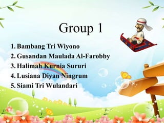 Group 1
1.Bambang Tri Wiyono
2.Gusandan Maulada Al-Farobby
3.Halimah Kurnia Sururi
4.Lusiana Diyan Ningrum
5.Siami Tri Wulandari
 