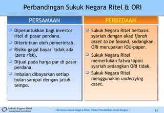 -- Bersama Sukuk Negara Ritel, Peduli Pendidikan Anak Bangsa --Investasi Rakyat Penuh Manfaat 13
Perbandingan Sukuk Negara Ritel & ORI
 Diperuntukkan bagi investor
ritel di pasar perdana.
 Diterbitkan oleh pemerintah.
 Risiko gagal bayar tidak ada
(zero risk).
 Dijual pada harga par di pasar
perdana.
 Imbalan dibayarkan setiap
bulan sampai dengan jatuh
tempo.
 Diperuntukkan bagi investor
ritel di pasar perdana.
 Diterbitkan oleh pemerintah.
 Risiko gagal bayar tidak ada
(zero risk).
 Dijual pada harga par di pasar
perdana.
 Imbalan dibayarkan setiap
bulan sampai dengan jatuh
tempo.
 Sukuk Negara Ritel berbasis
syariah dengan akad Ijarah
asset to be leased, sedangkan
ORI merupakan IOU-paper.
 Sukuk Negara Ritel
memerlukan fatwa/opini
syariah sedangkan ORI tidak.
 Sukuk Negara Ritel
menggunakan underlying
asset.
 Sukuk Negara Ritel berbasis
syariah dengan akad Ijarah
asset to be leased, sedangkan
ORI merupakan IOU-paper.
 Sukuk Negara Ritel
memerlukan fatwa/opini
syariah sedangkan ORI tidak.
 Sukuk Negara Ritel
menggunakan underlying
asset.
PERSAMAANPERSAMAAN PERBEDAANPERBEDAAN
 