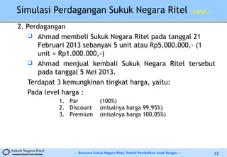 -- Bersama Sukuk Negara Ritel, Peduli Pendidikan Anak Bangsa --Investasi Rakyat Penuh Manfaat 32
Simulasi Perdagangan Sukuk Negara Ritel Lanjt…
2. Perdagangan
 Ahmad membeli Sukuk Negara Ritel pada tanggal 21
Februari 2013 sebanyak 5 unit atau Rp5.000.000,- (1
unit = Rp1.000.000,-)
 Ahmad menjual kembali Sukuk Negara Ritel tersebut
pada tanggal 5 Mei 2013.
Terdapat 3 kemungkinan tingkat harga, yaitu:
Pada level harga :
1. Par (100%)
2. Discount (misalnya harga 99,95%)
3. Premium (misalnya harga 100,05%)
 