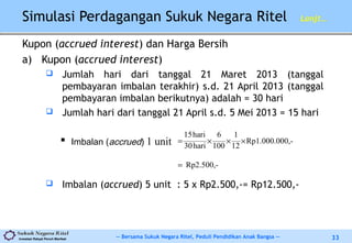 -- Bersama Sukuk Negara Ritel, Peduli Pendidikan Anak Bangsa --Investasi Rakyat Penuh Manfaat 33
Simulasi Perdagangan Sukuk Negara Ritel Lanjt…
Kupon (accrued interest) dan Harga Bersih
a) Kupon (accrued interest)
 Jumlah hari dari tanggal 21 Maret 2013 (tanggal
pembayaran imbalan terakhir) s.d. 21 April 2013 (tanggal
pembayaran imbalan berikutnya) adalah = 30 hari
 Jumlah hari dari tanggal 21 April s.d. 5 Mei 2013 = 15 hari
 Imbalan (accrued) 5 unit : 5 x Rp2.500,-= Rp12.500,-
Rp2.500,-
0,-Rp1.000.00
12
1
100
6
hari30
hari15
=
×××= Imbalan (accrued) 1 unit
 