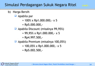 -- Bersama Sukuk Negara Ritel, Peduli Pendidikan Anak Bangsa --Investasi Rakyat Penuh Manfaat 34
Simulasi Perdagangan Sukuk Negara Ritel Lanjt…
b) Harga Bersih
 Apabila par
= 100% x Rp1.000.000,- x 5
= Rp5.000.000,-
 Apabila Discount (misalnya 99,95%)
= 99,95% x Rp1.000.000,- x 5
= Rp4.997.500,-
 Apabila Premium (misalnya 100,05%)
= 100,05% x Rp1.000.000,- x 5
= Rp5.002.500,-
 