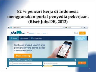 82 % pencari kerja di Indonesia
menggunakan portal penyedia pekerjaan.
(Riset JobsDB, 2012)
 