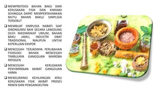  MEMPROTEKSI BAHAN BAKU DARI
KERUSAKAN FISIK DAN KIMIAWI
SEHINGGA DAPAT MEMPERTAHANKAN
MUTU BAHAN BAKU/ SIMPLISIA
TERSEBUT
 MEMBUAT SIMPLISIA NABATI SIAP
DIKONSUMSI BAIK SECARA LANGSUNG
OLEH MASYARAKAT UMUM, BAHAN
BAKU JAMU, INDUSTRI OBAT
TRADISIONAL MAUPUN UNTUK
KEPERLUAN EKSPOR
 MENCEGAH TERJADINYA PERUBAHAN
FISIOLOGI BAHAN MENCEGAH
TIMBULNYA GANGGUAN MIKROBA
PATOGEN
 MENCEGAH KERUSAKAN
PENYIMPANAN AKIBAT GANGGUAN
HAMA
 MENGURANGI KEHILANGAN ATAU
KERUSAKAN FISIK AKIBAT PROSES
PANEN DAN PENGANGKUTAN
 