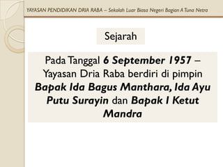 YAYASAN PENDIDIKAN DRIA RABA – Sekolah Luar Biasa Negeri Bagian A Tuna Netra



                                Sejarah

     Pada Tanggal 6 September 1957 –
    Yayasan Dria Raba berdiri di pimpin
   Bapak Ida Bagus Manthara, Ida Ayu
     Putu Surayin dan Bapak I Ketut
                  Mandra
 