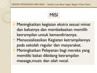 YAYASAN PENDIDIKAN DRIA RABA – Sekolah Luar Biasa Negeri Bagian A Tuna Netra



                                    MISI
  Meningkatkan kegiatan ekstra sesuai minat
   dan bakatnya dan membebaskan memilih
   ketrampilan untuk kemandiriannya.
  Mensosialisasikan Kegiatan ketrampilannya
   pada sekolah regular dan masyarakat.
  Meningkatkan Pelayanan bagi mereka yang
   memiliki bakat dibidang ketrampilan
   massage,music dan olah vocal.
 
