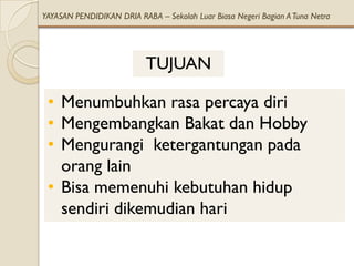 YAYASAN PENDIDIKAN DRIA RABA – Sekolah Luar Biasa Negeri Bagian A Tuna Netra




                           TUJUAN

 • Menumbuhkan rasa percaya diri
 • Mengembangkan Bakat dan Hobby
 • Mengurangi ketergantungan pada
   orang lain
 • Bisa memenuhi kebutuhan hidup
   sendiri dikemudian hari
 