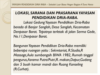 YAYASAN PENDIDIKAN DRIA RABA – Sekolah Luar Biasa Negeri Bagian A Tuna Netra


  LOKASI, SARANA DAN PRASARANA YAYASAN
             PENDIDIKAN DRIA-RABA.
       Lokasi Gedung Yayasan Pendidikan Dria-Raba
 berada di Banjar Sanglah, Desa Sanglah, Kecamatan
 Denpasar Barat. Tepatnya terletak di jalan Serma Gede,
 No.11,Denpasar Barat.

 Bangunan Yayasan Pendidikan Dria-Raba memiliki
 beberapa ruangan yaitu : Sekretariat, R.Studio,R
 Massage,Aula sumbangsih BIWA 1982, Rumah tinggal
 pengurus,Asrama Putra/Putri,R. makan,Dapur,Gudang
 dan 5 buah kamar mandi dan Ruang Konseling
 (R.Curhat).
 