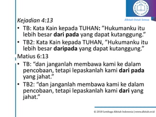 Alkitab Untuk Semua
© 2018 Lembaga Alkitab Indonesia | www.alkitab.or.id
Kejadian 4:13
• TB: Kata Kain kepada TUHAN: ”Hukumanku itu
lebih besar dari pada yang dapat kutanggung.”
• TB2: Kata Kain kepada TUHAN, ”Hukumanku itu
lebih besar daripada yang dapat kutanggung.”
Matius 6:13
• TB: “dan janganlah membawa kami ke dalam
pencobaan, tetapi lepaskanlah kami dari pada
yang jahat.”
• TB2: “dan janganlah membawa kami ke dalam
pencobaan, tetapi lepaskanlah kami dari yang
jahat.”
 