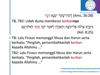 Alkitab Untuk Semua
© 2018 Lembaga Alkitab Indonesia | www.alkitab.or.id
‫ֶּ֣א‬‫נ‬ ְ
‫ש‬ִּ‫י‬ ‫ר‬‫ק‬ ְ֭
‫ׁשֹון־ׁש‬ ְִֽ
‫ל‬
‫ֵ֑יו‬‫כ‬ַ‫ד‬ (Ams. 26:28)
TB, TB2: Lidah dusta membenci korbannya
‫ו‬
‫ּו‬ ֛‫כ‬ְ‫ל‬ ‫ר‬‫אמ‬ָ֗
ֹ‫י‬ַ‫ו‬ ‫ן‬ ֵ֑
ֹ‫ֲר‬‫ה‬ ַ‫א‬ְ‫ל‬ ִֽ‫ּו‬ ‫ה‬ָ֖‫ׁש‬ֹ‫ל־מ‬‫א‬ ‫ה‬ ָֹ֔‫ע‬ ְ
‫ַר‬‫פ‬ ‫א‬ ֶּ֣‫ר‬ְ‫ק‬ִּ‫ַי‬
‫ּו‬ ִ֥
‫ח‬ ְ‫ִּב‬‫ז‬
‫ָ֖ם‬‫יכ‬‫אֹלה‬‫ל‬
(Kel. 8:25)
TB: Lalu Firaun memanggil Musa dan Harun serta
berkata: ”Pergilah, persembahkanlah korban
kepada Allahmu ...”
TB2: Lalu Firaun memanggil Musa dan Harun serta
berkata, ”Pergilah, persembahkanlah kurban
kepada Allahmu …”
 