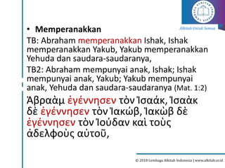 Alkitab Untuk Semua
© 2018 Lembaga Alkitab Indonesia | www.alkitab.or.id
• Memperanakkan
TB: Abraham memperanakkan Ishak, Ishak
memperanakkan Yakub, Yakub memperanakkan
Yehuda dan saudara-saudaranya,
TB2: Abraham mempunyai anak, Ishak; Ishak
mempunyai anak, Yakub; Yakub mempunyai
anak, Yehuda dan saudara-saudaranya (Mat. 1:2)
Ἀβραὰμ ἐγέννησεν τὸν Ἰσαάκ, Ἰσαὰκ
δὲ ἐγέννησεν τὸν Ἰακώβ, Ἰακὼβ δὲ
ἐγέννησεν τὸν Ἰούδαν καὶ τοὺς
ἀδελφοὺς αὐτοῦ,
 
