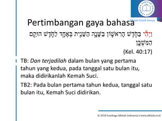 Alkitab Untuk Semua
© 2018 Lembaga Alkitab Indonesia | www.alkitab.or.id
Pertimbangan gaya bahasa
‫י‬ ִִּ֞‫ה‬ְ‫ַי‬‫ו‬
‫ם‬ ַָ֖
‫הּוק‬ ‫ׁש‬‫ד‬ ֵֹ֑‫ַח‬‫ל‬ ‫ֶּ֣ד‬‫ח‬‫א‬ ְ‫ב‬ ‫ָ֖ית‬ִּ
‫נ‬‫ש‬ַ‫ה‬ ‫ִ֥ה‬‫נ‬‫ש‬ַ‫ב‬ ‫ֹון‬ ֛
‫אׁש‬ ִּ
‫ר‬‫ה‬ ‫ׁש‬‫ד‬ ֹֹ֧‫ח‬ַ‫ב‬
‫ן‬ִֽ‫כ‬ ְ
‫ׁש‬ ִּ
‫מ‬ַ‫ה‬
(Kel. 40:17)
TB: Dan terjadilah dalam bulan yang pertama
tahun yang kedua, pada tanggal satu bulan itu,
maka didirikanlah Kemah Suci.
TB2: Pada bulan pertama tahun kedua, tanggal satu
bulan itu, Kemah Suci didirikan.
 