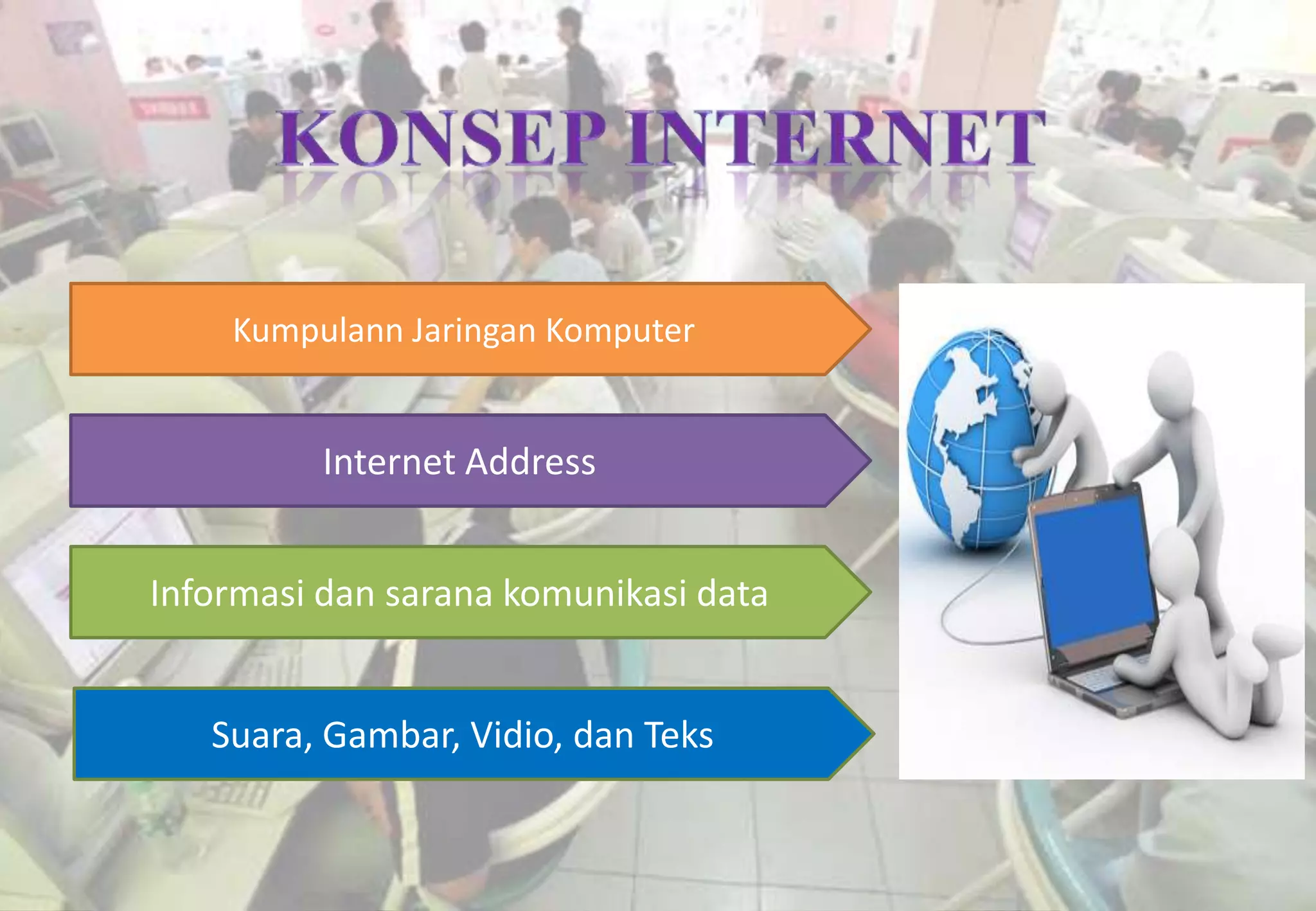Kumpulann Jaringan Komputer


          Internet Address


Informasi dan sarana komunikasi data


   Suara, Gambar, Vidio, dan Teks
 