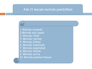 Ada 11 macam metode pendidikan

1. Metode ceramah
2.Metode soal jawab
3. Metode itibar
4. Metode resitasi
5. Metode diskusi
6. Metode tamsiliyah
7. Metode mukatabah
8. Metode tafhim
9. Metode cerita
10. Metode pemberitahuan

 