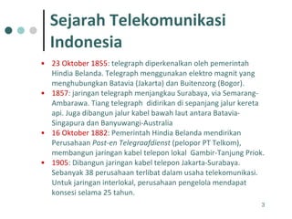 Sejarah Telekomunikasi  Indonesia 23 Oktober 1855 : telegraph diperkenalkan oleh pemerintah Hindia Belanda. Telegraph menggunakan elektro magnit yang menghubungkan Batavia (Jakarta) dan Buitenzorg (Bogor). 1857 : jaringan telegraph menjangkau Surabaya, via Semarang-Ambarawa. Tiang telegraph  didirikan di sepanjang jalur kereta api. Juga dibangun jalur kabel bawah laut antara Batavia-Singapura dan Banyuwangi-Australia 16 Oktober 1882 : Pemerintah Hindia Belanda mendirikan Perusahaan  Post-en Telegraafdienst  (pelopor PT Telkom), membangun jaringan kabel telepon lokal  Gambir-Tanjung Priok.  1905 : Dibangun jaringan kabel telepon Jakarta-Surabaya. Sebanyak 38 perusahaan terlibat dalam usaha telekomunikasi. Untuk jaringan interlokal, perusahaan pengelola mendapat konsesi selama 25 tahun. 