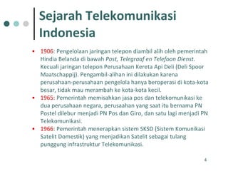 Sejarah Telekomunikasi  Indonesia 1906 : Pengelolaan j aringan telepon diambil alih oleh pemerintah Hindia Belanda di bawah  Post, Telegraaf en Telefoon Dienst.  Kecuali jaringan telepon Perusahaan Kereta Api Deli (Deli Spoor Maatschappij). Pengambil-alihan ini dilakukan karena perusahaan-perusahaan pengelola hanya beroperasi di kota-kota besar, tidak mau merambah ke kota-kota kecil. 1965:  Pemerintah memisahkan jasa pos dan telekomunikasi ke dua perusahaan negara,  perusaahan yang saat itu bernama PN Postel   dilebur menjadi  PN Pos dan Giro, dan satu lagi menjadi PN Telekomunikasi.  1966 : Pemerintah menerapkan sistem SKSD (Sistem Komunikasi Satelit Domestik) yang menjadikan Satelit sebagai tulang punggung infrastruktur Telekomunikasi. 
