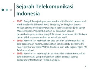 Sejarah Telekomunikasi  Indonesia <ul><li>1906 : Pengelolaan j aringan telepon diambil alih oleh pemerintah Hindia Belanda...