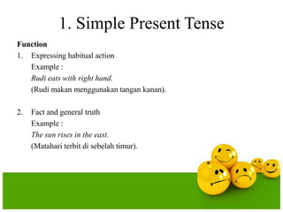 1. Simple Present Tense
Function
1. Expressing habitual action
Example :
Rudi eats with right hand.
(Rudi makan menggunakan tangan kanan).

2.

Fact and general truth
Example :
The sun rises in the east.
(Matahari terbit di sebelah timur).

 