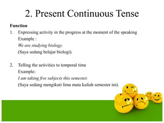 2. Present Continuous Tense
Function
1. Expressing activity in the progress at the moment of the speaking
Example :
We are studying biology.
(Saya sedang belajar biologi).

2.

Telling the activities to temporal time
Example:
I am taking five subjects this semester.
(Saya sedang mengikuti lima mata kuliah semester ini).

 