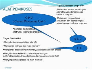Tugas Arithmetic Logic Unit 
•Melakukan semua perhitungan 
aritmatika yang terjadi sesuai 
instruksi program 
•Melakukan pengambilan 
keputusan dari operasi logika 
sesuai dengan instruksi program 
13 
C P U 
( Central Processing Unit ) 
•Tempat pemrosesan 
instruksi-instruksi program 
A L U 
C U 
Tugas Contro Unit 
•Mengatur & mengendalikan alat I/O 
•Mengambil instruksi dari main memory 
•Mengambil data dari main memory jika diperlukan oleh proses 
•Mengirim instruksi ke ALU bila ada perhitungan 
arithmatika/perbandingan logika serta mengawasi kerja ALU 
•Menyimpan hasil proses ke main memory 
Komputer 
 