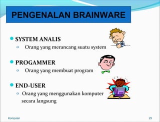 SYSTEM ANALIS 
o Orang yang merancang suatu system 
PROGAMMER 
o Orang yang membuat program 
END-USER 
o Orang yang menggunakan komputer 
secara langsung 
25 
PENGENALAN BRAINWARE 
Komputer 
 