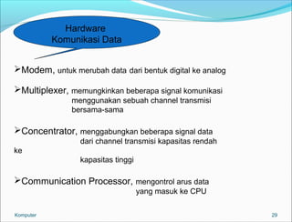29 
Hardware 
Komunikasi Data 
Modem, untuk merubah data dari bentuk digital ke analog 
Multiplexer, memungkinkan beberapa signal komunikasi 
menggunakan sebuah channel transmisi 
bersama-sama 
Concentrator, menggabungkan beberapa signal data 
dari channel transmisi kapasitas rendah 
ke 
kapasitas tinggi 
Communication Processor, mengontrol arus data 
yang masuk ke CPU 
Komputer 
 