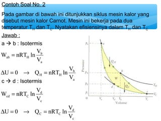Contoh Soal No. 2 
Pada gambar di bawah ini ditunjukkan siklus mesin kalor yang 
disebut mesin kalor Carnot. Mesin ini bekerja pada dua 
temperatur TH dan TC. Nyatakan efisiensinya dalam TH dan TC 
Jawab : 
a  b : Isotermis 
W = 
nRT ln V 
U 0 Q nRT ln V 
b 
a 
b 
a 
H H 
ab H 
V 
V 
D = ® = 
c  d : Isotermis 
W = 
nRT ln V 
U 0 Q nRT ln V 
d 
c 
d 
c 
C C 
cd C 
V 
V 
D = ® = 
 