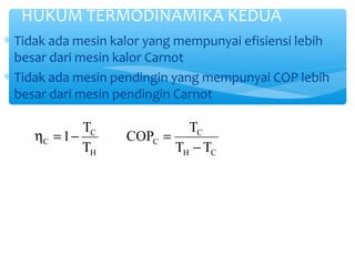 HUKUM TERMODINAMIKA KEDUA 
* Tidak ada mesin kalor yang mempunyai efisiensi lebih 
besar dari mesin kalor Carnot 
* Tidak ada mesin pendingin yang mempunyai COP lebih 
besar dari mesin pendingin Carnot 
C 
1 T 
C T T 
H C 
C 
C 
H 
COP T 
T 
- 
h = - = 
 