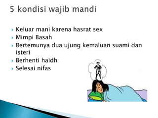  Keluar mani karena hasrat sex
 Mimpi Basah
 Bertemunya dua ujung kemaluan suami dan
isteri
 Berhenti haidh
 Selesai nifas
 