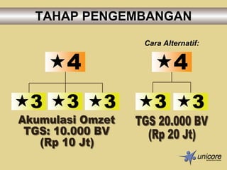 TAHAP PENGEMBANGAN Akumulasi Omzet  TGS: 10.000 BV (Rp 10 Jt) Cara Alternatif: TGS 20.000 BV (Rp 20 Jt) 