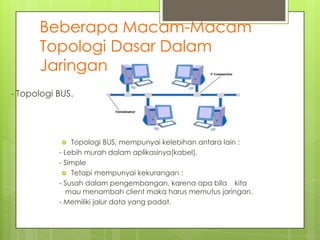 Beberapa Macam-Macam
Topologi Dasar Dalam
Jaringan.
- Topologi BUS.

Topologi BUS, mempunyai kelebihan antara lain :
- Lebih murah dalam aplikasinya(kabel).
- Simple
 Tetapi mempunyai kekurangan :
- Susah dalam pengembangan, karena apa bila kita
mau menambah client maka harus memutus jaringan.
- Memiliki jalur data yang padat.


 