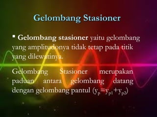 Gelombang Stasioner
 Gelombang stasioner yaitu gelombang
yang amplitudonya tidak tetap pada titik
yang dilewatinya.
Gelombang    Stasioner     merupakan
paduan antara gelombang datang
dengan gelombang pantul (yp=yp1+yp2)
 