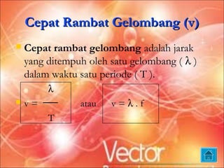 Cepat Rambat Gelombang (v)
   Cepat rambat gelombang adalah jarak
    yang ditempuh oleh satu gelombang ( λ )
    dalam waktu satu periode ( T ).
         λ
   v=          atau   v=λ.f
         T
 