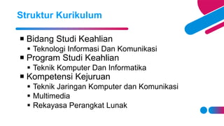  Bidang Studi Keahlian
 Teknologi Informasi Dan Komunikasi
 Program Studi Keahlian
 Teknik Komputer Dan Informatika
 Kompetensi Kejuruan
 Teknik Jaringan Komputer dan Komunikasi
 Multimedia
 Rekayasa Perangkat Lunak
Struktur Kurikulum
 