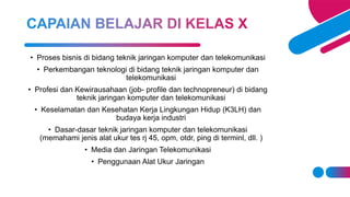 • Proses bisnis di bidang teknik jaringan komputer dan telekomunikasi
• Perkembangan teknologi di bidang teknik jaringan komputer dan
telekomunikasi
• Profesi dan Kewirausahaan (job- profile dan technopreneur) di bidang
teknik jaringan komputer dan telekomunikasi
• Keselamatan dan Kesehatan Kerja Lingkungan Hidup (K3LH) dan
budaya kerja industri
• Dasar-dasar teknik jaringan komputer dan telekomunikasi
(memahami jenis alat ukur tes rj 45, opm, otdr, ping di terminl, dll. )
• Media dan Jaringan Telekomunikasi
• Penggunaan Alat Ukur Jaringan
 