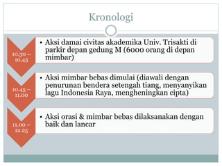 Kronologi
10.30 –
10.45
• Aksi damai civitas akademika Univ. Trisakti di
parkir depan gedung M (6000 orang di depan
mimbar)
10.45 –
11.00
• Aksi mimbar bebas dimulai (diawali dengan
penurunan bendera setengah tiang, menyanyikan
lagu Indonesia Raya, mengheningkan cipta)
11.00 –
12.25
• Aksi orasi & mimbar bebas dilaksanakan dengan
baik dan lancar
 