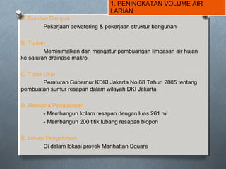 1. PENINGKATAN VOLUME AIR
LARIAN
A. Sumber Dampak
Pekerjaan dewatering & pekerjaan struktur bangunan
B. Tujuan
Meminimalkan dan mengatur pembuangan limpasan air hujan
ke saluran drainase makro
C. Tolak Ukur
Peraturan Gubernur KDKI Jakarta No 68 Tahun 2005 tentang
pembuatan sumur resapan dalam wilayah DKI Jakarta
D. Rencana Pengelolaan
- Membangun kolam resapan dengan luas 261 m2
- Membangun 200 titik lubang resapan biopori
E. Lokasi Pengelolaan
Di dalam lokasi proyek Manhattan Square
 