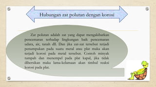 Hubungan zat polutan dengan korosi
Zat polutan adalah zat yang dapat mengakibatkan
pencemaran terhadap lingkungan baik pencemaran
udara, air, tanah dll. Dan jika zat-zat tersebut terjadi
penumpukan pada suatu metal atau plat maka akan
terjadi korosi pada metal tersebut. Contoh minyak
tumpah dan menempel pada plat kapal, jika tidak
dibersikan maka lama-kelamaan akan timbul reaksi
korosi pada plat.
 